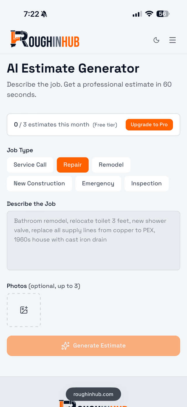RoughInHub AI Estimate Generator showing job type selection, job description, and photo upload